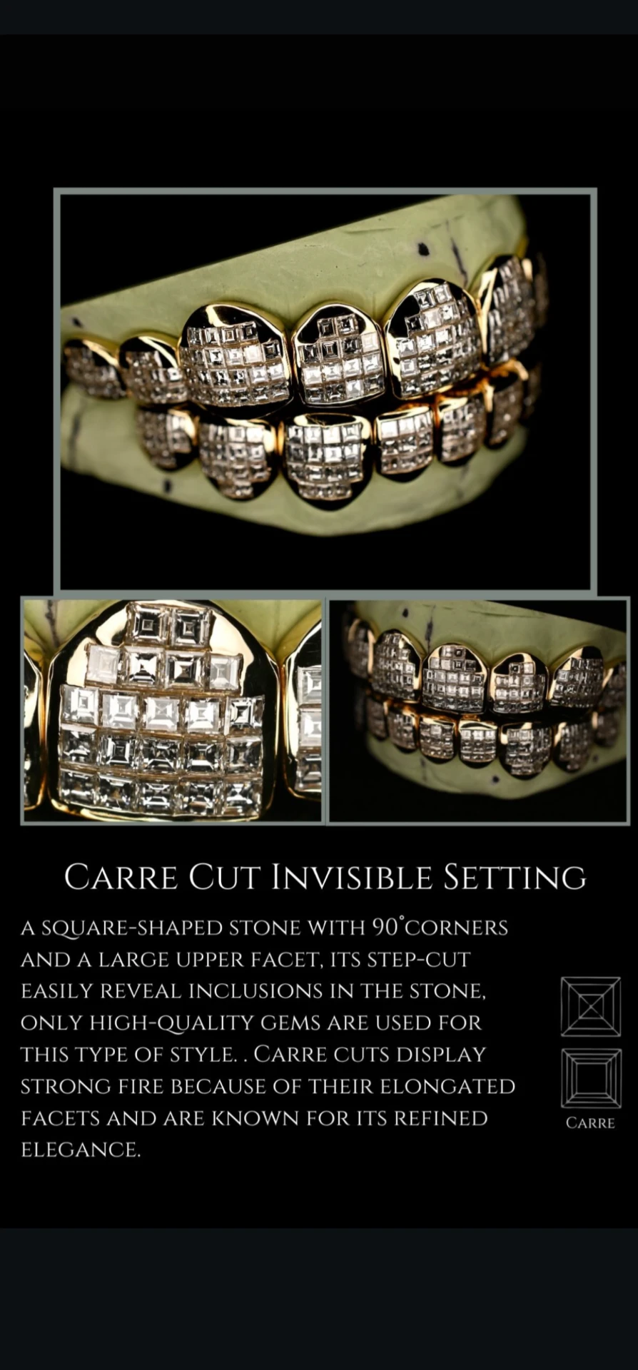 Carré cut invisible setting gold grillz with step-cut diamonds
